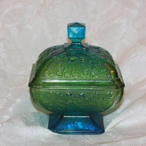 Vintage Blue & Green Painted Glass Lidded compote